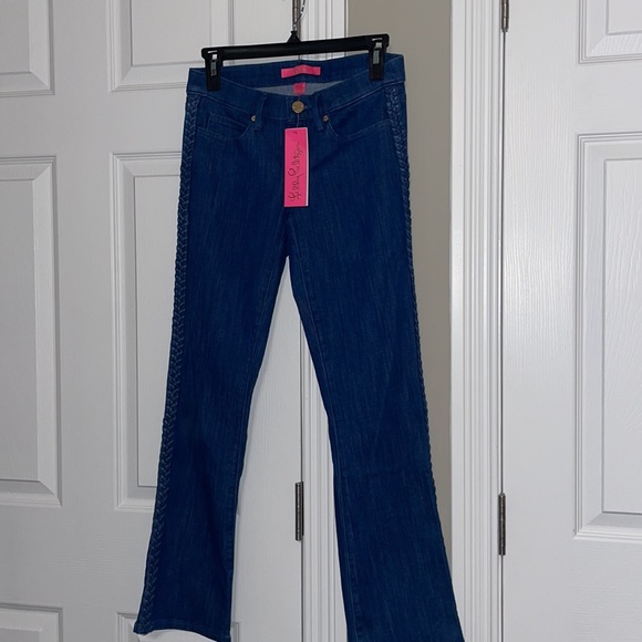 Lilly Pulitzer South Ocean Crop Flare Braided Bay Ave Denim Jeans Size 0 - Picture 9 of 9